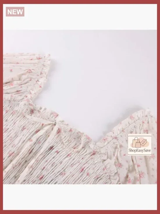 Floral Cotton Dress Cottagecore Square Neck Smocked Bodice Midi Dress - Picture 3 of 7